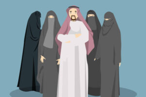 Polygamy concept illustration. Arabic man with many women wives in hijab.