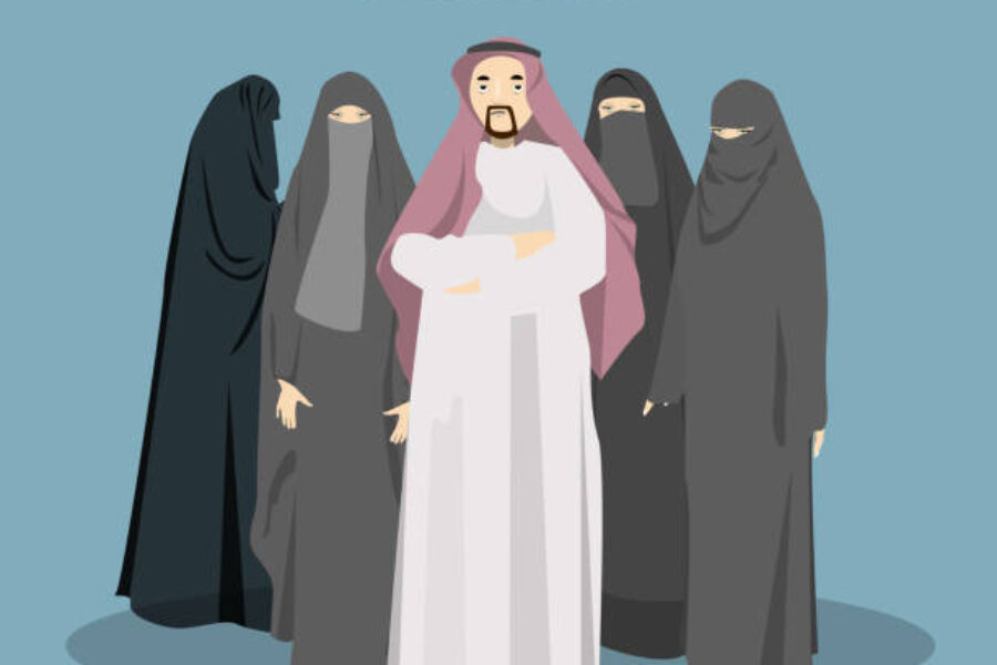 Polygamy concept illustration. Arabic man with many women wives in hijab.